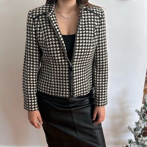 Louben houndstooth leather trim coat.